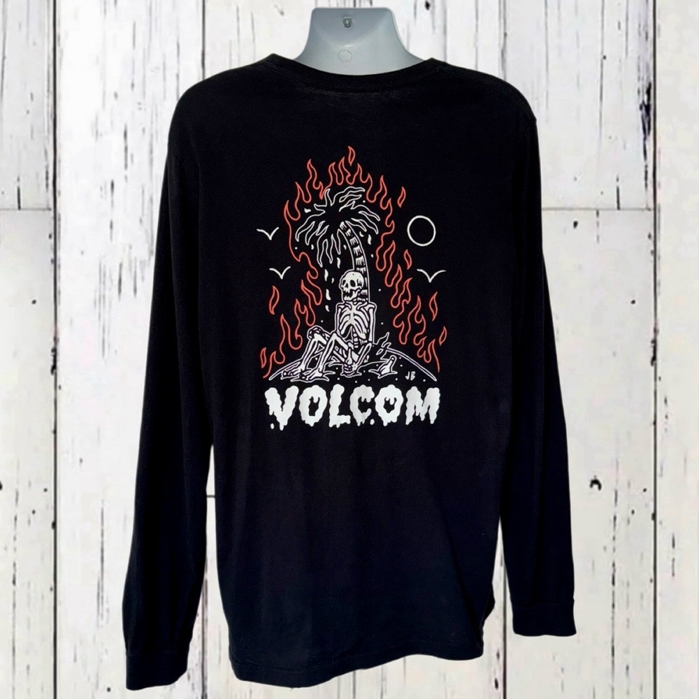 Volcom Long Sleeve Black T-Shirt - Size - XL Skeleton Flaming Palm Tree graphic